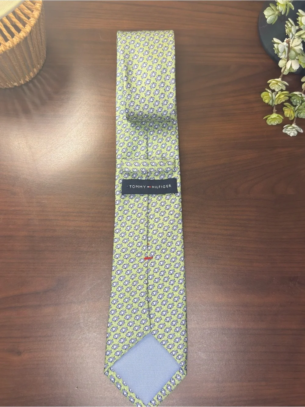 Tommy Hilfiger Light Green Tie with Blue and White Fish Pattern